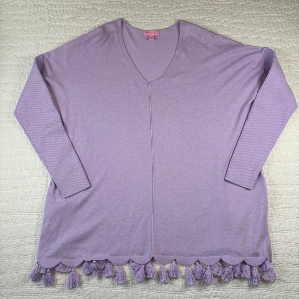 Lilly Pulitzer Martine Tassel Sweater Lavender Purple V-Neck Knit Pullover Boho
